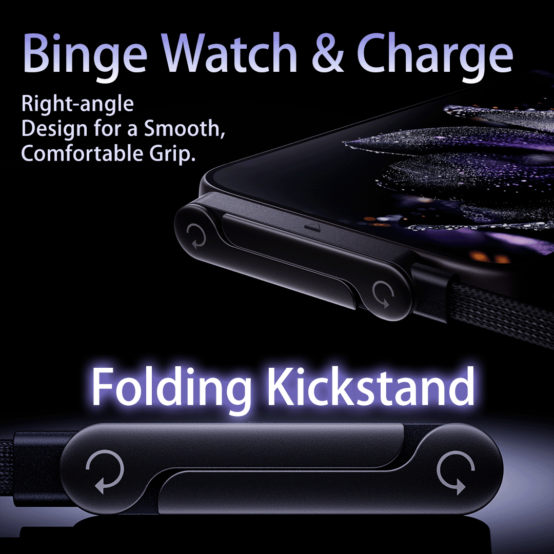240W USB-C Data Cable with Stand – Super Fast Charging & 40Gbps  attached to phone with kickstand