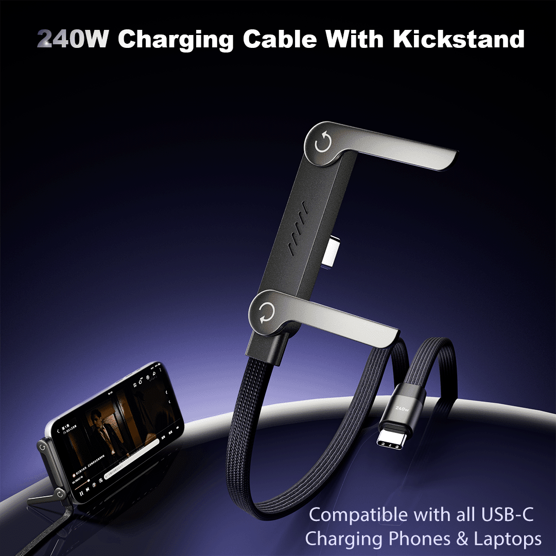 240W USB-C Data Cable with Stand – Super Fast Charging & 40Gbps on a dark background