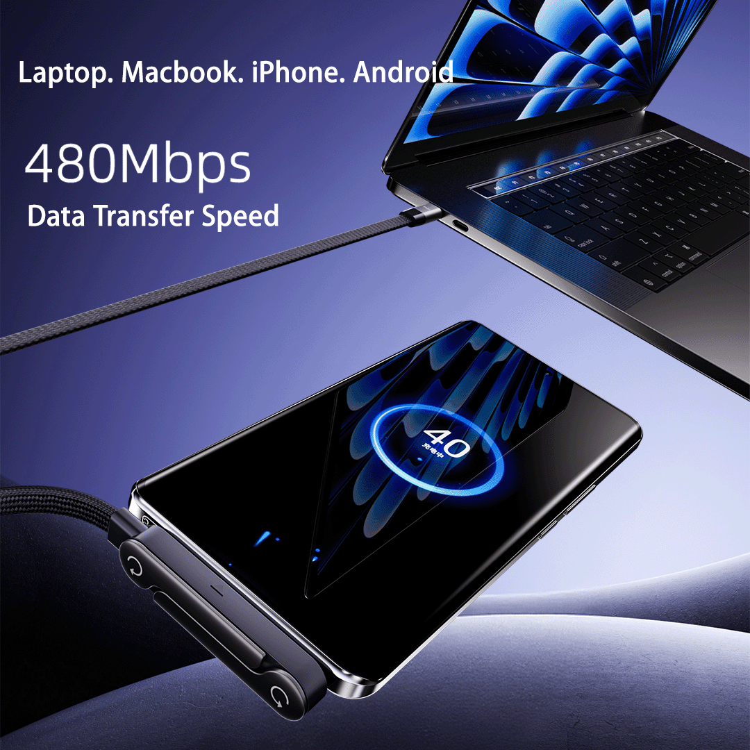 Laptop, MacBook, & smartphone connected by a 240W USB-C  Data Cable fast charging cable with 480Mbps data transfer speed text