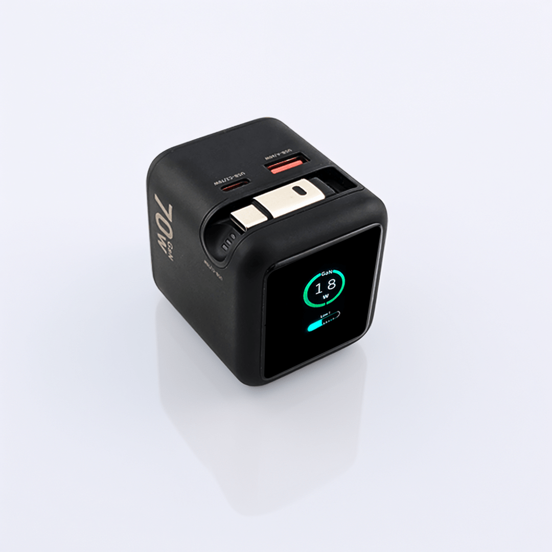 PowerPort 70 70W USB-C power adapter with retractable USB-C cable and LED display