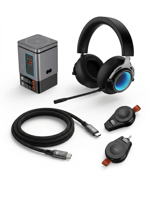 Remote Work Home Essentials Bundle - Wireless Charging Station, Wireless Headset, Silver 8K 240W Cable, Watch Charger