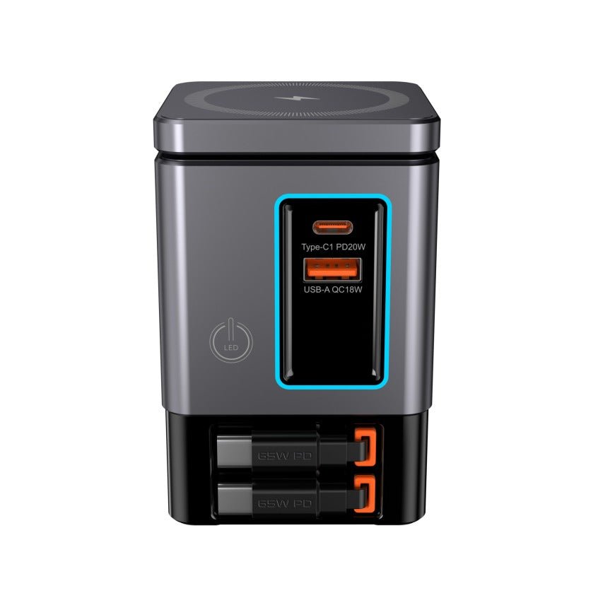 FlexHub 105W 6-in-1 charging hub showing USB-C and USB-A ports and retractable wire
