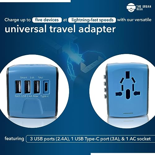 PowerPort Travel -  International Travel Adapter showing 3 USB-A ports and 1 USB-C port and 1 AC socket