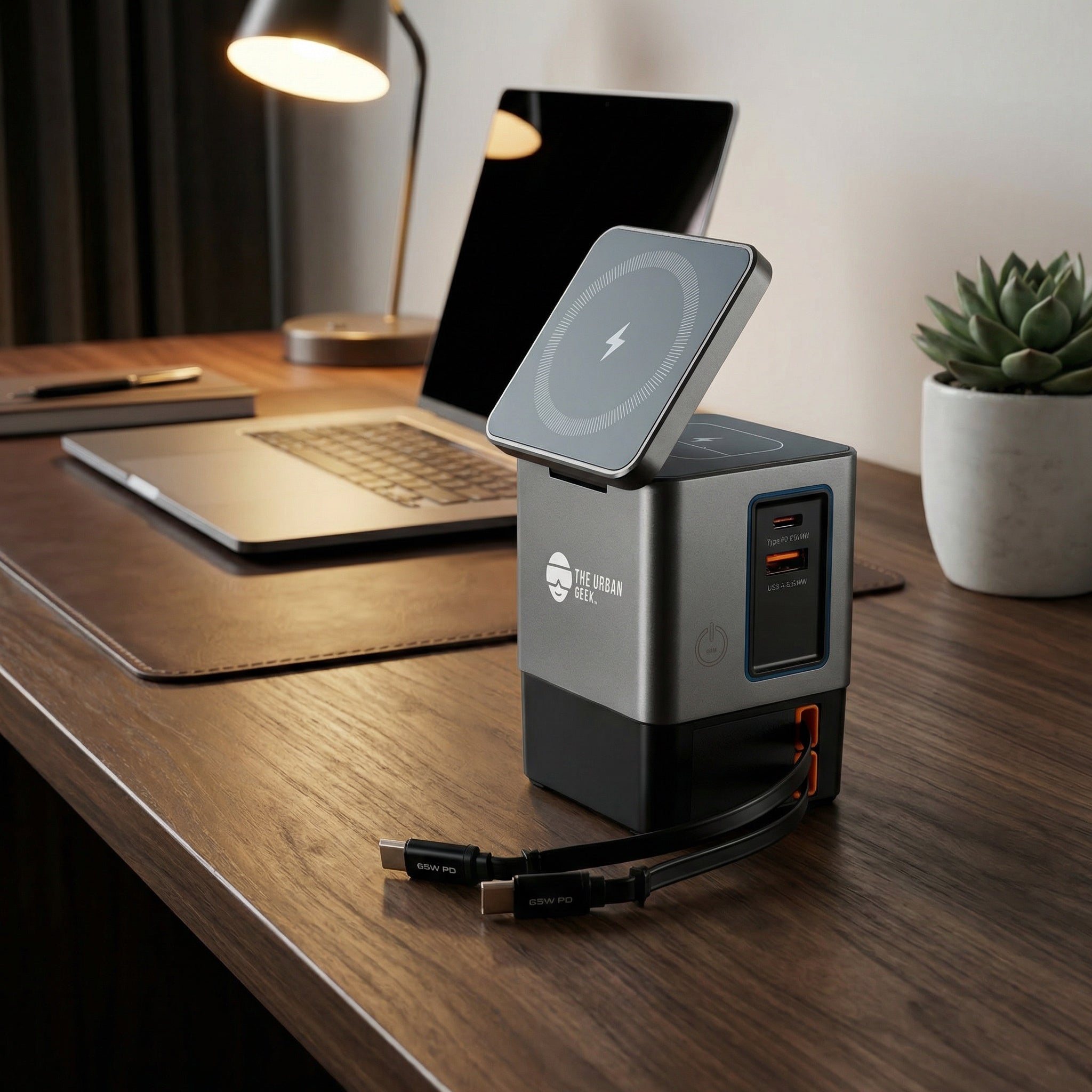 FlexHub charging station on a wood desk beside a laptop