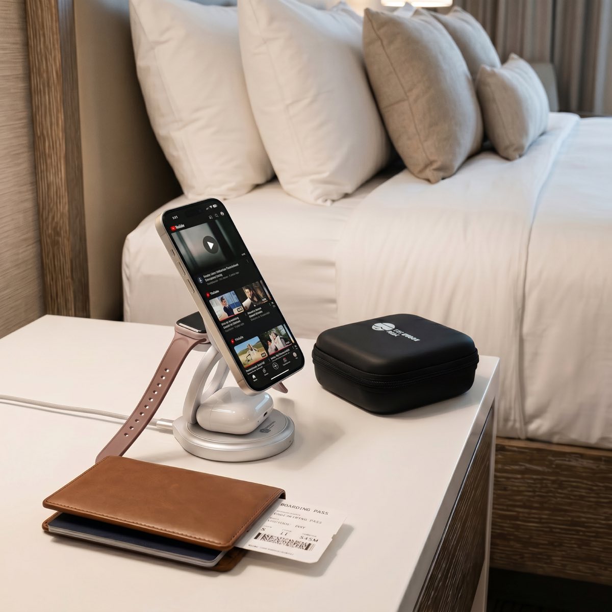 FlexOrb on a nightstand while the watch and AirPods charge