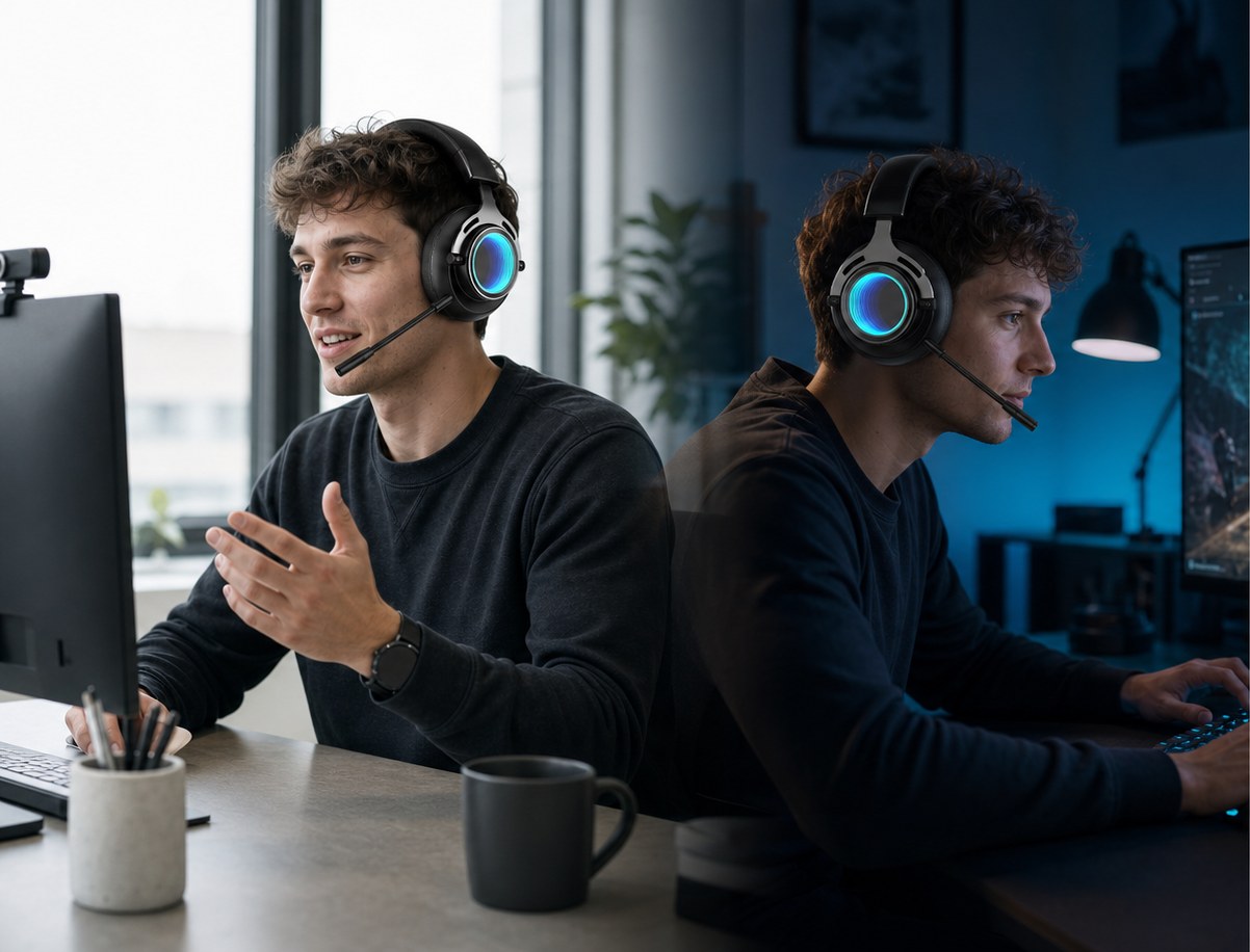 Groove Play worn through the day: a video meeting by the window, a gaming session in the evening